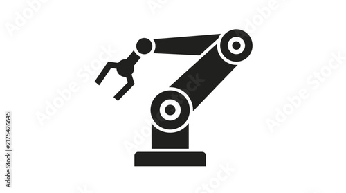 Robotic mechanical arm icon showing industrial automation technology with a clean black silhouette design on a plain white isolated background