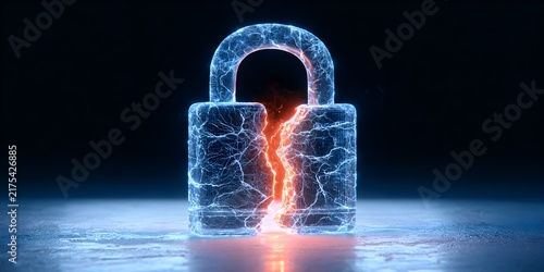 Glowing digital padlock breaking apart with vibrant electric energy sparks inside a dark room setting against deep black background