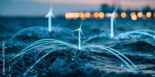 Futuristic wind turbines generating clean energy with glowing digital connections across a dark landscape captured in a cinematic blue style