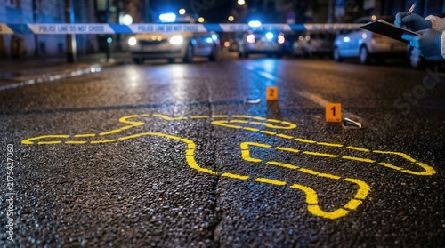 Crime Scene Investigation Marking Outline And Evidence Markers At Night