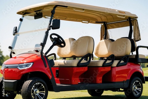 Modern red six seater electric golf cart parked on green grass under bright sun. This luxury recreational vehicle offers comfortable tan seats and tan roof canopy perfect for golf courses.
