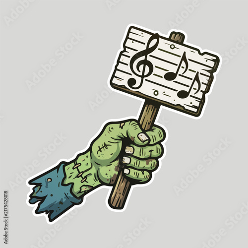 Cartoon-style sticker of a zombie hand holding a music symbol
