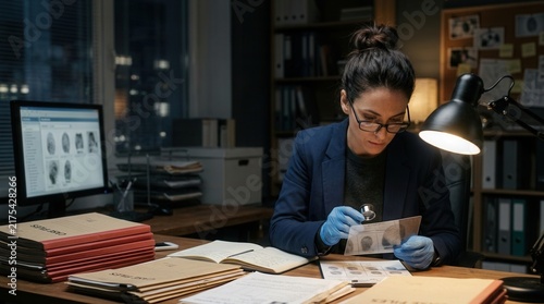 Dedicated Detective Examines Evidence Under Magnifying Glass At Night