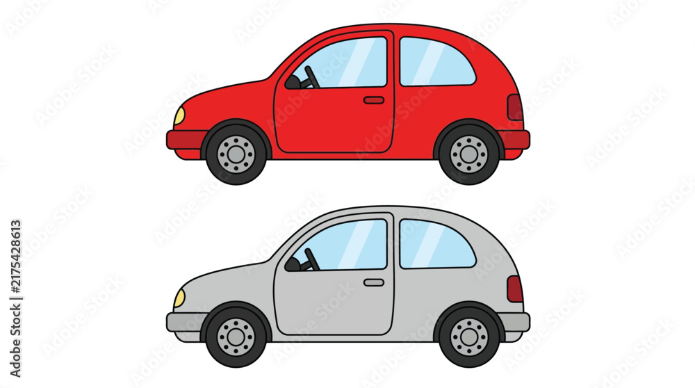 Naklejka premium Red and silver small compact cars illustrated in a simple flat vector style with rounded shapes and thick bold outlines