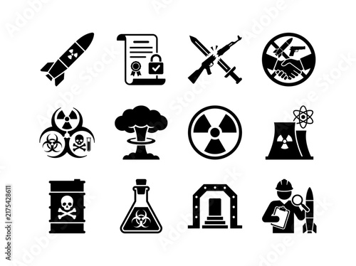 Nuclear and weapons icon set. Flat duotone symbols for nuclear warhead, arms control, disarmament, weapons treaty, WMD. Geopolitics vector illustration.