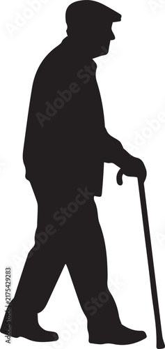 Elderly man walking silhouette figure holding cane as design element for retirement and healthcare visual aids. Vector Art