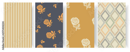 Coordinated vector pattern set combining stripes, floral roses and geometric diamonds in warm mustard and neutral tones ideal for packaging, textiles, stationery and modern decorative surface design p