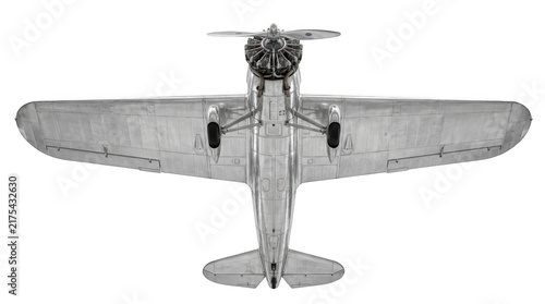Plakat w ramie Bottom view of a vintage silver propeller airplane isolated on transparent background