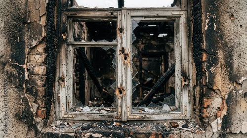 Plakat w ramie Devastated Window Frame With Shattered Glass And Burned Walls Evokes Resilience