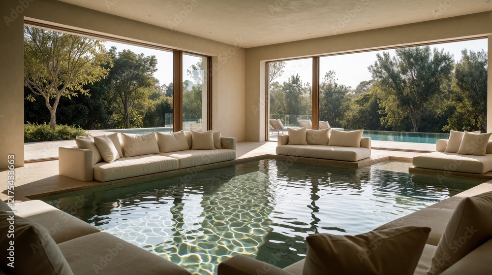 Obraz premium Modern luxury villa interior with indoor swimming pool. Sunlit living room features large floor to ceiling windows, comfortable white sofas, scenic garden view. Minimalist lounge design offers