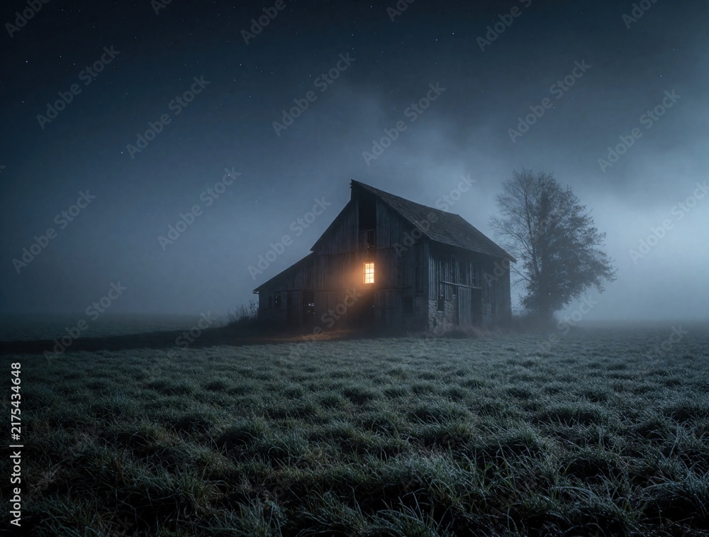 Obraz premium Old barn with one lit window glows on foggy night field under starry sky. Spooky rural building at dusk with mist and frost on grass. Mysterious atmosphere.
