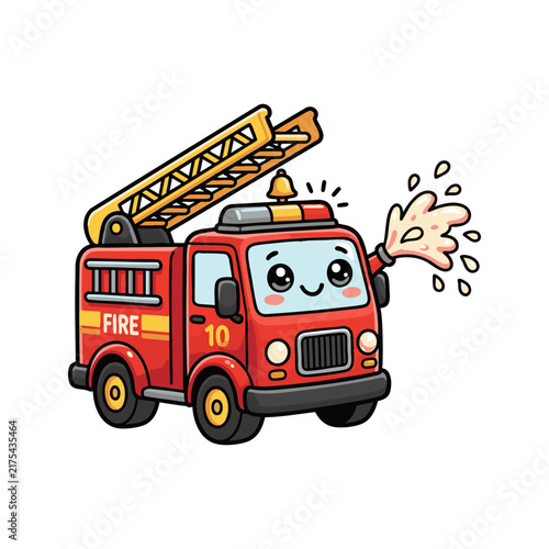 Cute Kawaii Red Fire Truck Cartoon Character Illustration