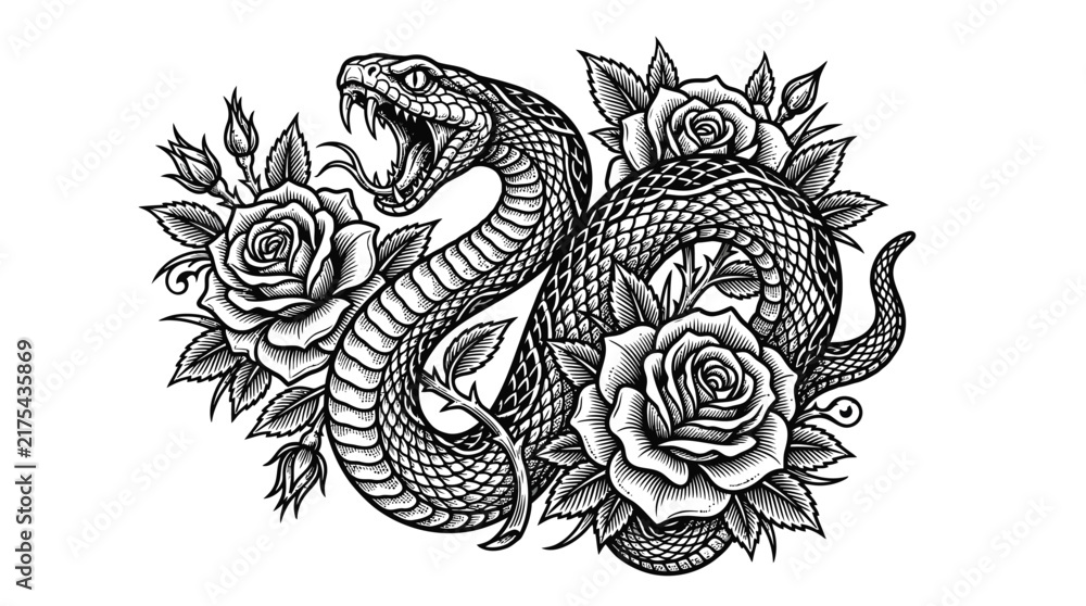 Fototapeta premium Aggressive coiled snake with open jaws surrounded by detailed blooming roses in sharp black ink style