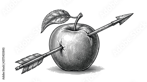 Detailed engraving illustration depicting a crisp red apple pierced by a sharp wooden hunting arrow