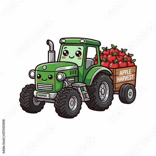 Cute Kawaii Green Tractor Cartoon Character Illustration