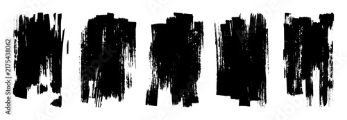 Set of black paint rectangle backgrounds. Isolated vector template, artistic brush stroke texture, distressed vertical rectangular patch, rough ink smear trace for banner design
