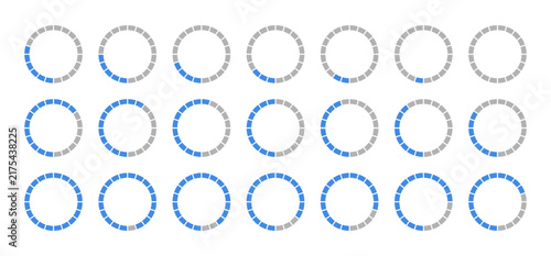 Blue and gray pie chart indicators. Round loading progress graph set, blue progress bars and circle diagram icons for infographics from 100 to 0 percent. Percentage infographic elements no numbers. 