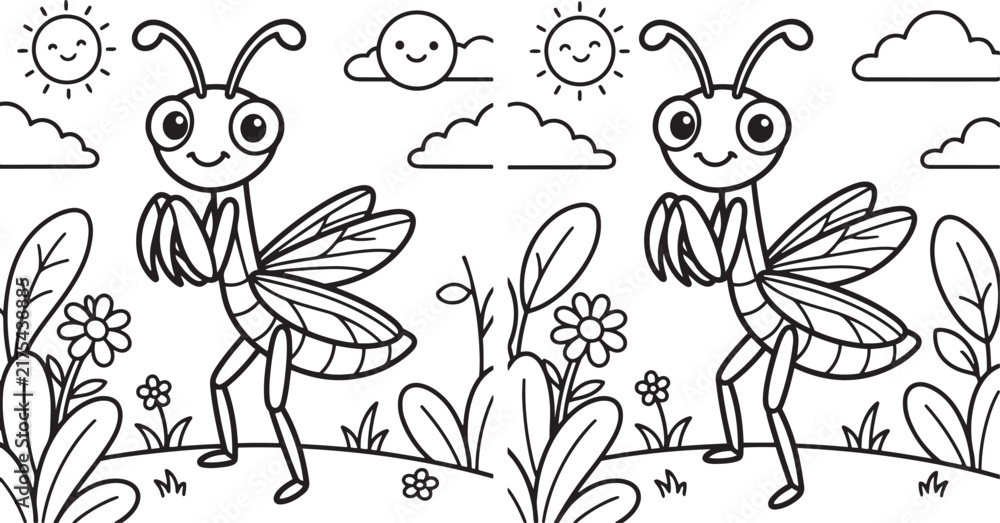 Fototapeta premium Cartoon ants with flowers and suns black and white line illustration