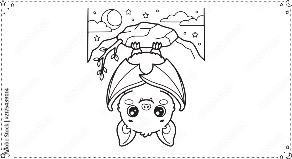 Fototapeta premium Hanging sloth illustration with clouds and branches black and white line art