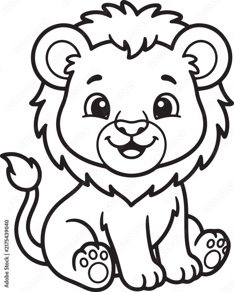 Obraz premium Cartoon lion cub with a fluffy mane black and white line drawing