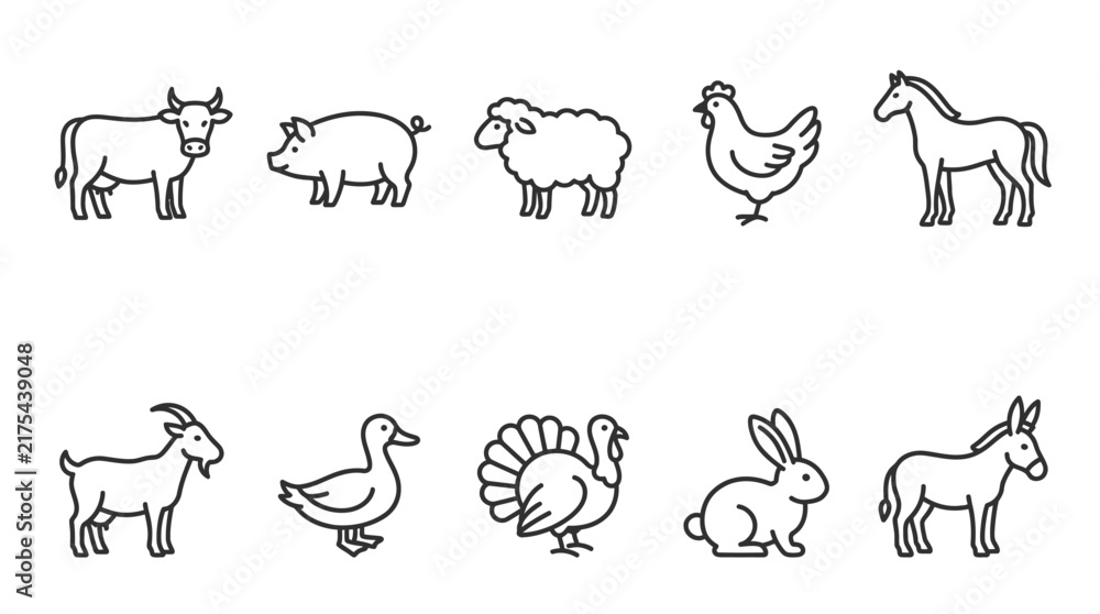 Fototapeta premium Minimalist line-art icons of twelve farm animals and poultry arranged in a single horizontal row on a neutral background.