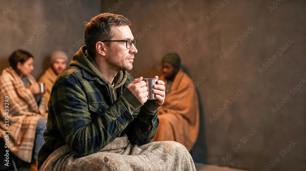 Obraz premium A man sits in a room holding a mug. Several people are nearby, wrapped in blankets and sitting close together. They seem to be sharing warmth on a cold day