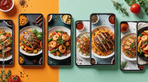 Various meals displayed on phone screens showing food delivery app interface. Online ordering convenience for restaurant take away meals. Digital marketing for eateries.