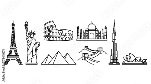 Minimalist line-art icons depicting global landmarks including the Eiffel Tower, Statue of Liberty, Colosseum, Taj Mahal, and Sydney Opera House.