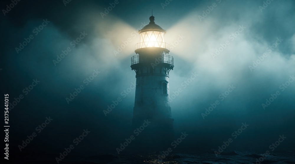 Obraz premium Towering lighthouse pierces thick fog sending bright light beam over dark sea waves. Nautical beacon offers safety and guidance through obscure, misty marine environment, symbolizing hope.
