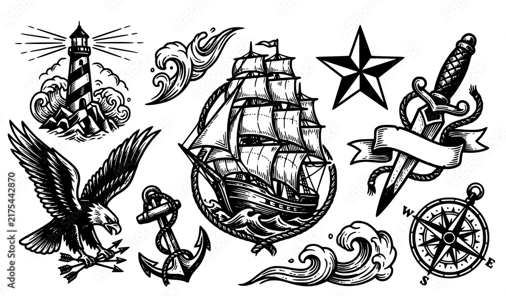 Fototapeta premium Vintage Nautical Traditional Tattoo Flash Set with Ship Anchor Compass and Eagle Vector