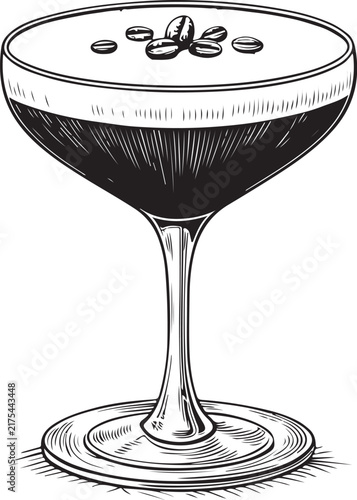 Hojicha Espresso Martini Cocktail Hand-drawn Sketch Drawing Vector Illustration, Line Linear Symbol Black and White Engraving, Isolated