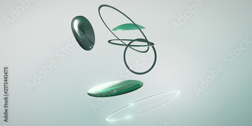 Foto 3D abstract composition with floating emerald green glossy shapes, metallic ring