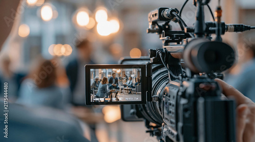 Focused view of a video camera capturing a group discussion in a modern setting.
