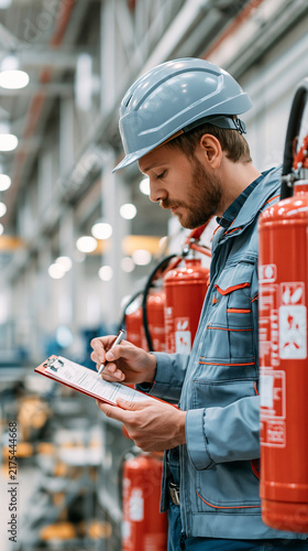 Male engineer checking safety equipment in a factory setting.