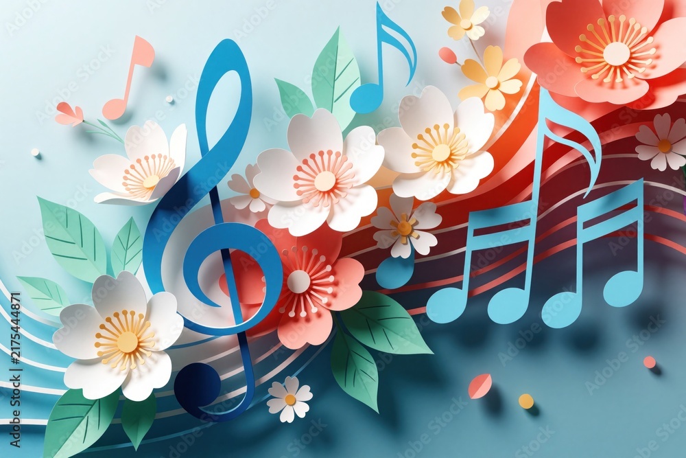 Naklejka premium Paper cut flowers and musical notes create spring theme. Vibrant blossoms and leaves blend with treble clef and eighth notes. Joyful, creative design.