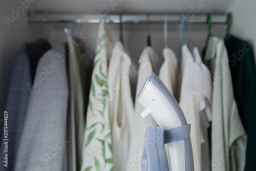 Canvastavla Against the blurred background of hanging light blouses and a green printed dress, a white and gray steamer mounted on a rack is shown in focus