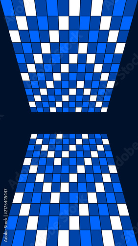 perspective blue grid vertical background with illuminated 3D tile pattern, cyber retro room texture in high contrast futuristic style. 9:16 aspect ratio.  SVG vector file for sale only on Adobe Stock