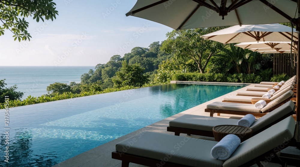 Obraz premium Luxury infinity pool overlooking ocean with lush green trees. Lounge chairs with towels ready for relaxation on sunny terrace day. Serene tropical paradise resort atmosphere.