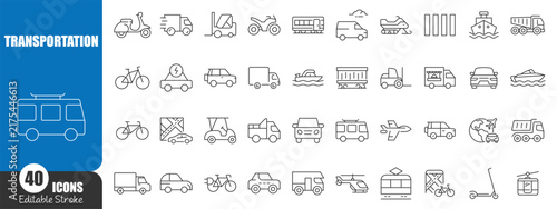 Transportation Editable Line Icon Set with Cars, Buses, Trains, Aircraft, Ships, Bikes and Public Transit Symbols