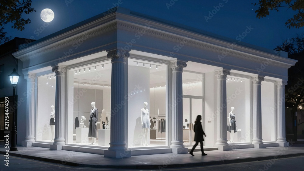 Obraz premium Elegant boutique storefront facade illuminated at night with classical columns, mannequins in display windows, and a full moon overhead.