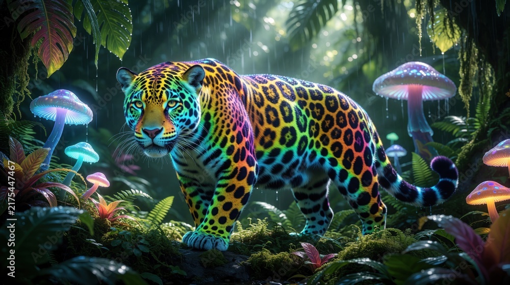 Fototapeta premium Rainbow jaguar walks through surreal jungle at night. Bioluminescent mushrooms glow in dark forest. Exotic cat with colorful spots moves in fantasy plant environment.