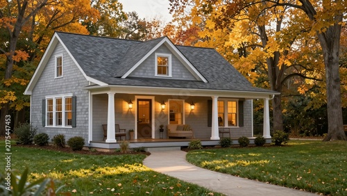 A cozy modern tiny house with warm lights glowing through windows, nestled among vibrant autumn trees and a well-kept lawn.
