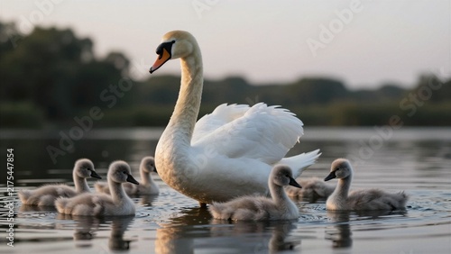 Plakat A graceful swan mother leads her cygnets across calm waters during golden hour, surrounded by soft light and serene nature.