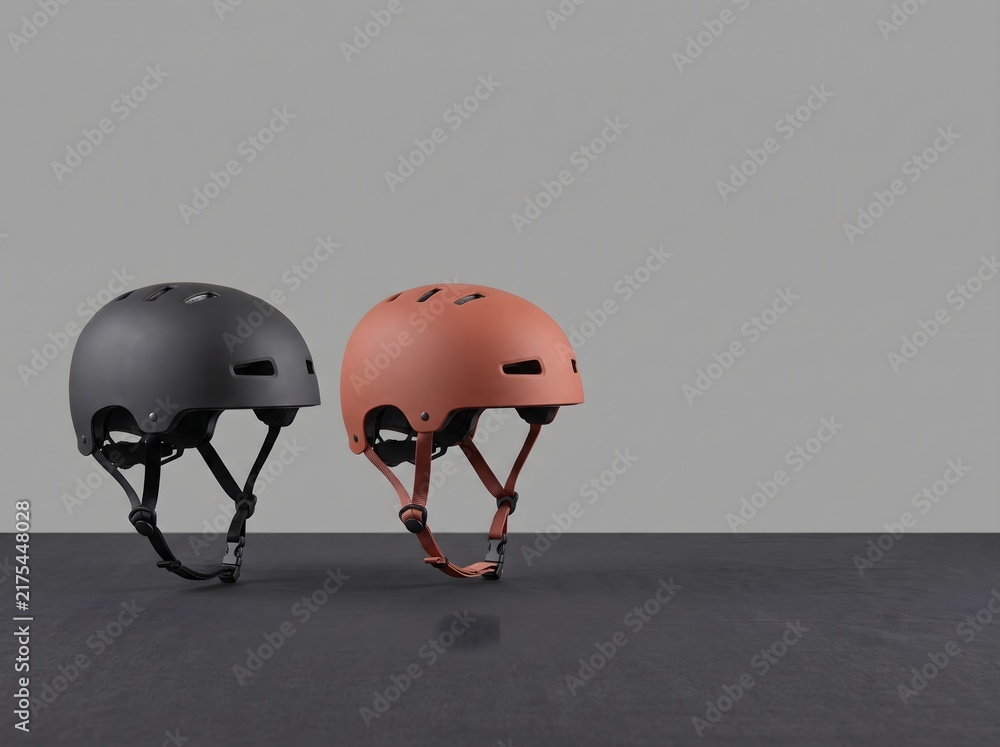 Obraz premium Modern matte bicycle helmets, black and terracotta skate helmets, safety gear