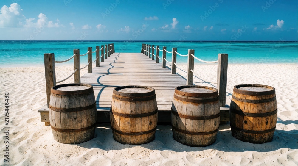 Fototapeta premium Wooden barrels rest on a white sandy beach beside a pier leading to turquoise ocean water. Bright blue sky with scattered clouds above calm sea and white sand.