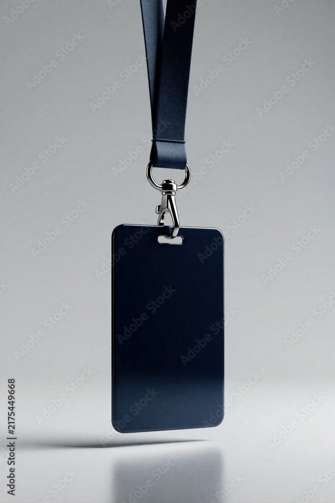 Obraz premium Minimalist dark blue lanyard and ID card holder mockup. Clean background, pro accessory for identity access or promotion. Simple design, corporate essential.