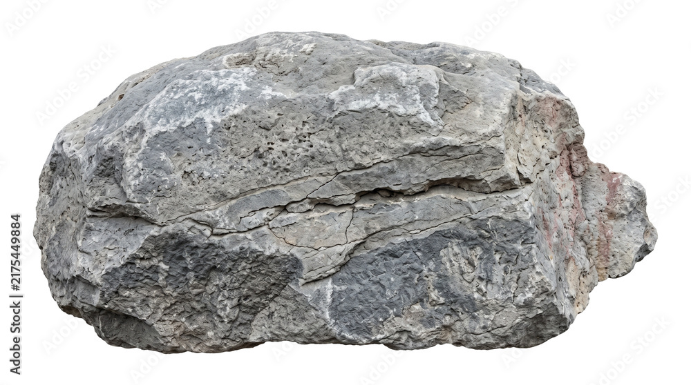Fototapeta premium Large grey weathered rock with visible cracks and rough texture, isolated on a transparent background for landscaping and naturalistic design elements.