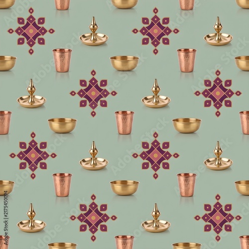 Indian puja pattern, brass oil lamps and copper cups, ethnic mandala background
