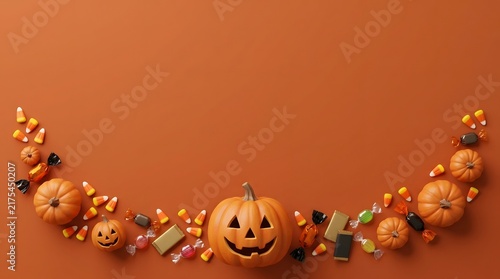 Festive halloween background with carved pumpkins and assorted colorful candies arranged in a curved bottom border