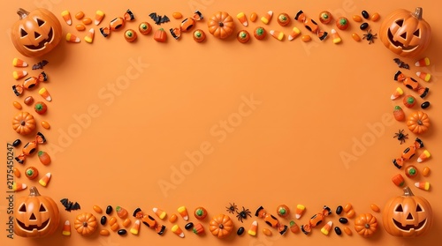 Halloween background frame made of small pumpkins and jack o lanterns on an orange surface